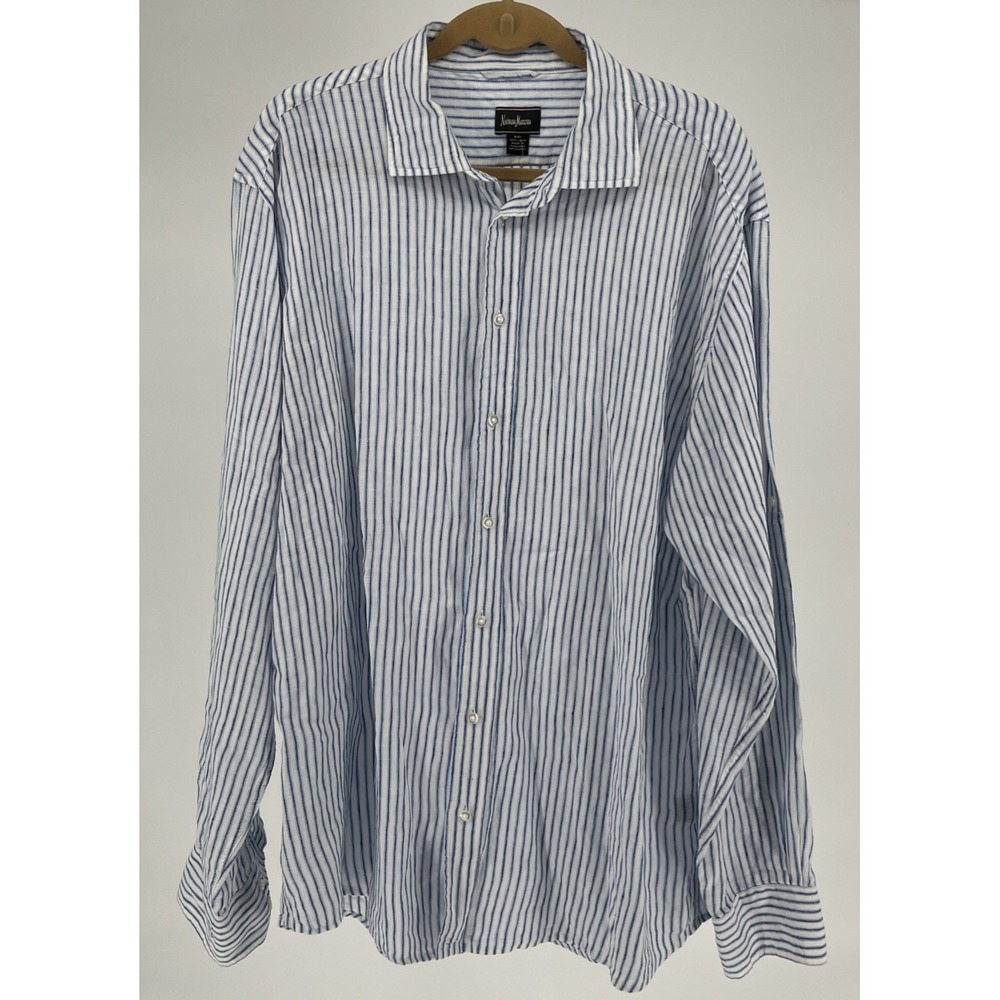 Neiman Marcus Linen Shirt Mens 2XL Rolled Tab Sleeve Blue Stripes Coastal Luxe